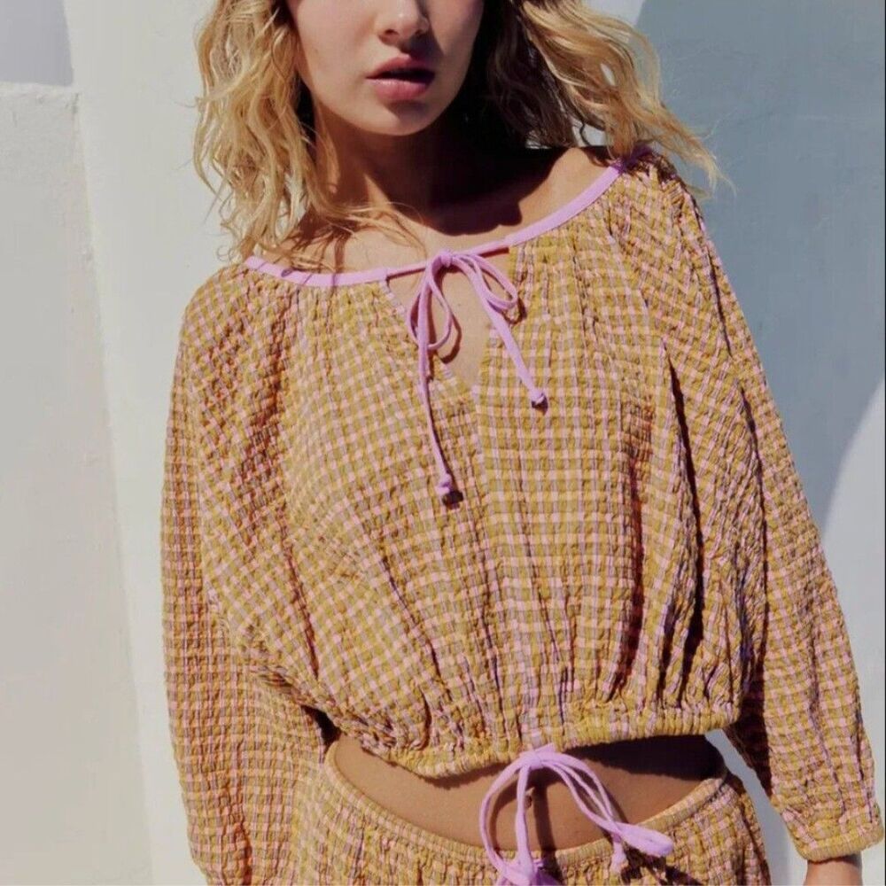 NWT Free-est Free People Clara Plaid Top Bubble Size Extra Small Beachy Crinkle‎